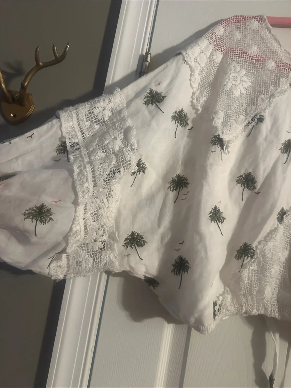 Free People White Cropped Boho Blouse with Green Palm Embroidery